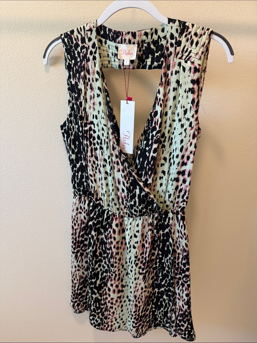 Parker Black Cream & Blush Silk Lined Animal Print Sleeveless Dress NWT S